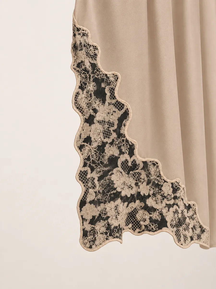 Patchwork Lace shown as a finished hijab, hanging