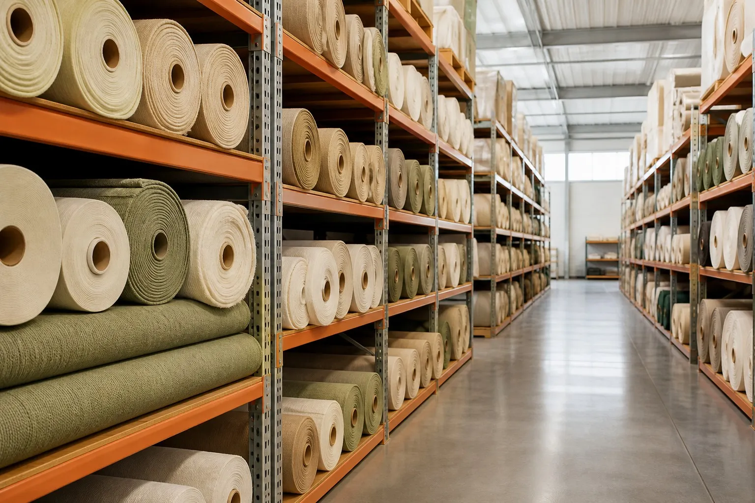 Warehouse aisle with racks of neutral fabric rolls
