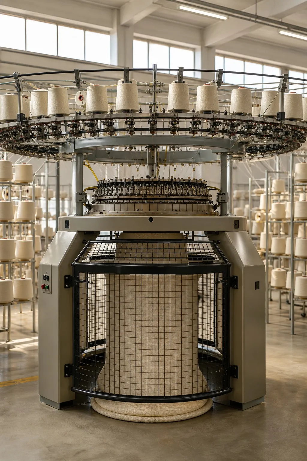 Circular knitting machine on a textile mill floor with cream yarn cones feeding in