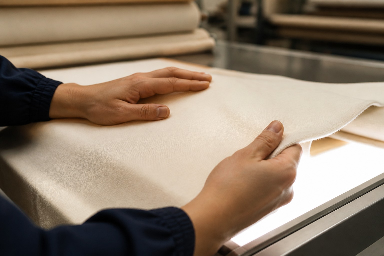 Hands checking a length of neutral knit fabric on an inspection light table